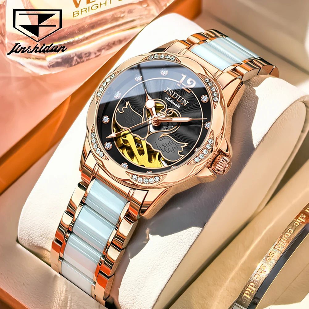 

JSDUN 8831 женские часы, водонепроницаемые автоматические механические часы для женщин, керамический стальной ремешок, часы с функцией ночного освещения, женские часы