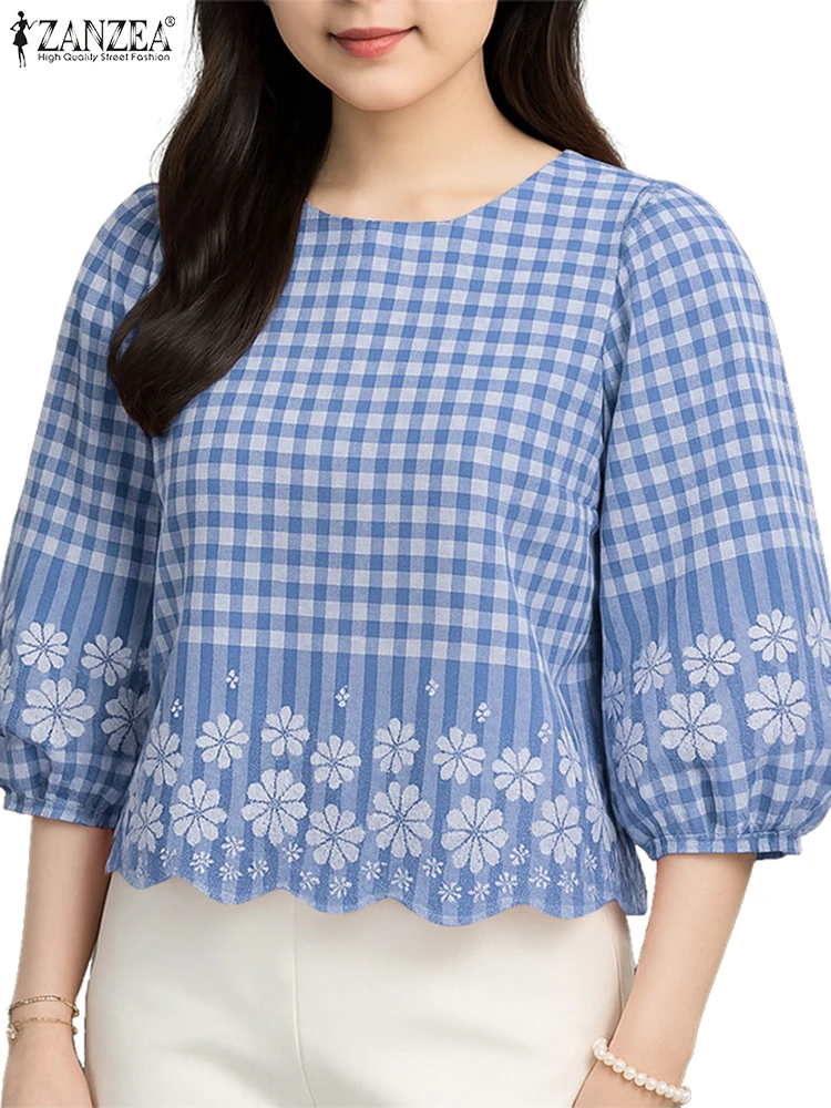 2025 Autumn Floral Pinted Blouse ZANZEA Women Blouses Elegant Fashion Long Sleeve Tops Checked Blusas Female OL Work Shirt Mujer