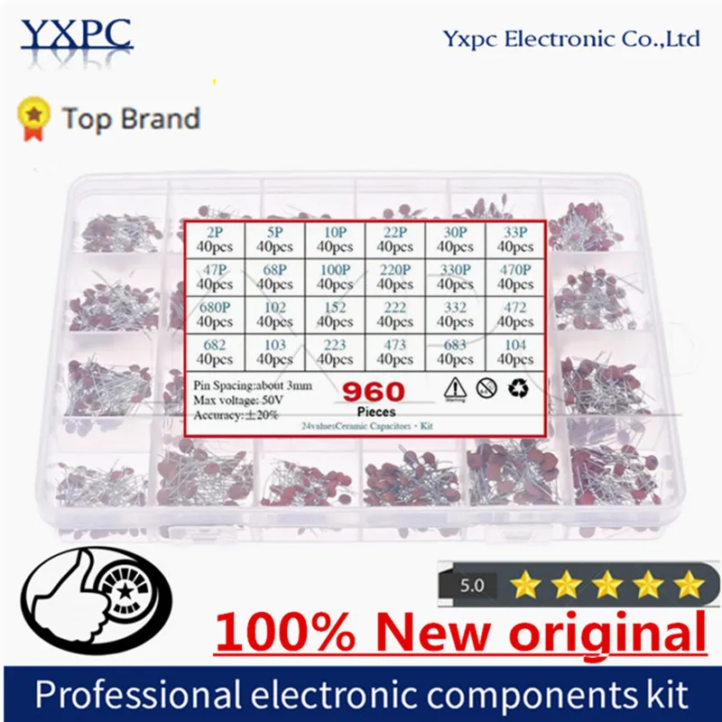 

24values*40pcs=960pcs 50V Ceramic Capacitor Assortment Kit 2PF-0.1UF 2P,5P,10P,15P,22P,30P,33P 102 103 104 223 473 333 1nf 10nf