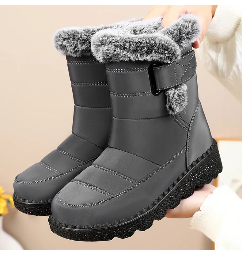 Damen-Schneestiefel bis zur Mitte der Wade, warm, mit Plüschfleece gefüttert, mit Klettverschluss, Pompon-Dekor, rutschfeste dicke Sohle, Winter-Freizeitschuhe für kaltes Wetter. – Detail 18