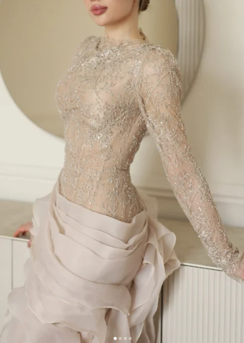 Champagne Beaded Corset Formal Dress Long Sleeve Tiered Ruffle Chiffon Mermaid Evening Gown With Train