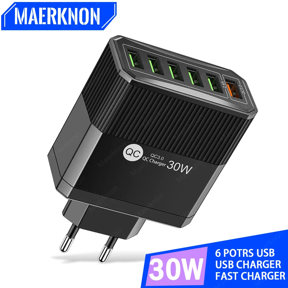 30W USB Charger Quick Charge3.0 6 Ports USB Fast Charging Wall Charger For iphone Xiaomi Samsung Multi Port Phone Charge Adapter