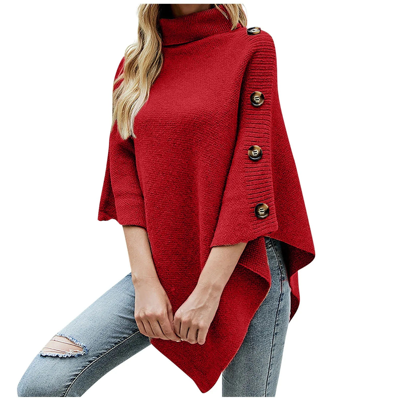 Suéter cálido de cuello alto para mujer, abrigo de punto cruzado, chal suelto que combina con todo, Color sólido, moda de otoño e invierno