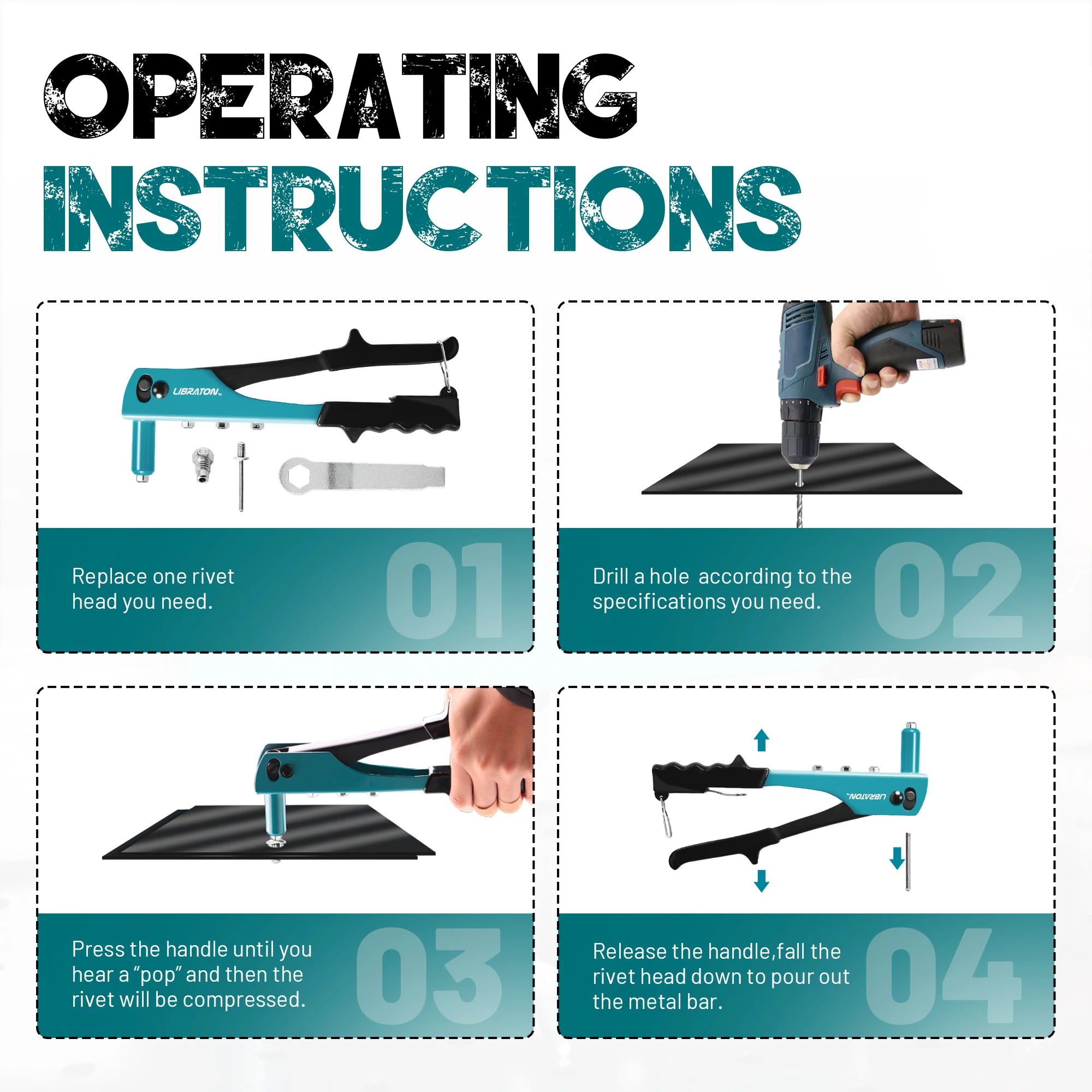 86pcs Rivet Gun Kit, Heavy Duty Hand Riveter with 3/32" 1/8" 5/32" 3/16" Rivet, Rivet Nozzles, Drill Bits, Mini Wrench for Metal