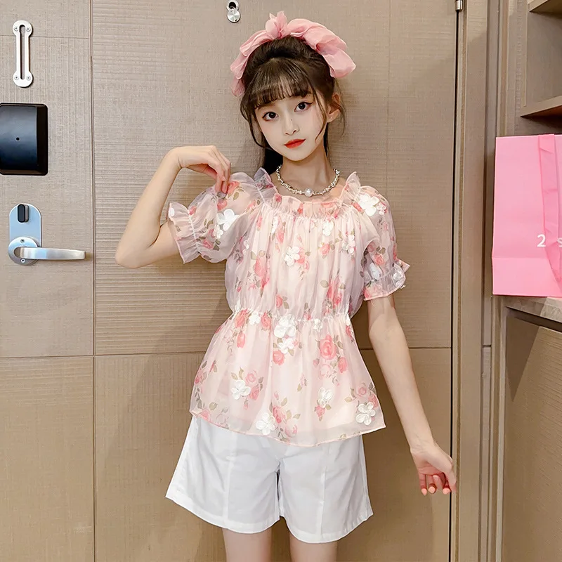 

Girls Suit Summer 2023 New Korean Version of The Short-sleeved Bubble Sleeve T Shirt + White Shorts Kids Sets 4 6 7 8 10 11 12 Y