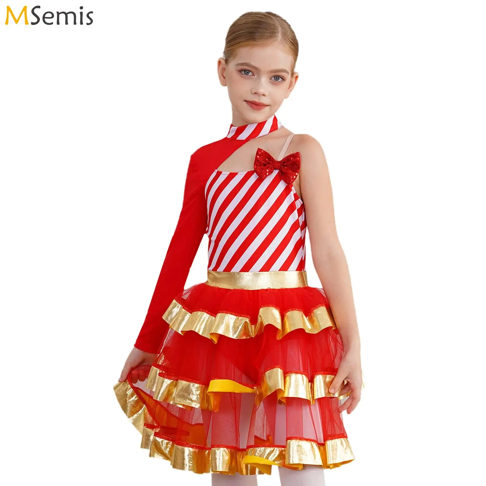 Teen Candy Cane Christmas Costume Pageant Party Fluffi Stripe Ballet Dance Dress Figure Ice Skating Tutu Dress Leotard Dancewear