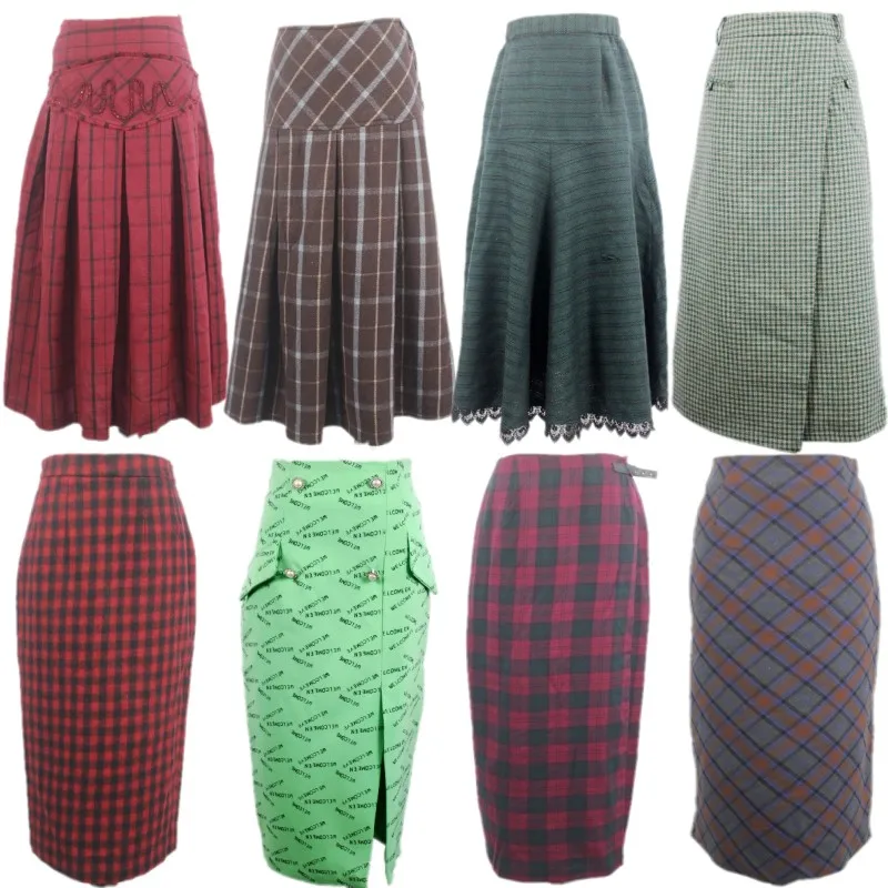 Jupe mi-longue trapèze en laine à carreaux et rayés, Vintage, automne hiver, Simple système forestier, jupe corporelle, imprimé rétro, fermeture éclair, Design