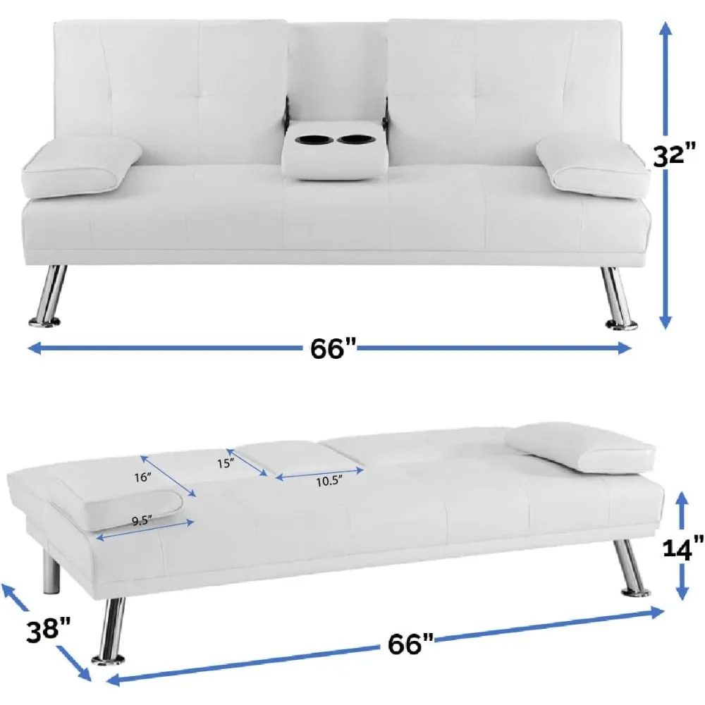 Divano letto futon in ecopelle bianca, divanetto reclinabile a 3 posizioni con braccioli, 2 portabicchieri, capacità di carico di 500 libbre