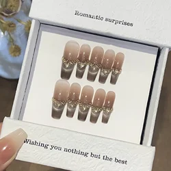10Pcs Long Handmade Cat Eye Broken Diamonds Press on Nails Full Cover Butterfly Blush French Ballet Fake Nails Wearable Manicure