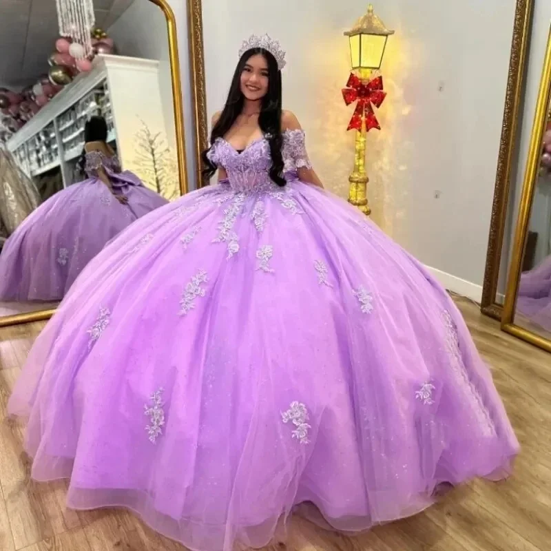 Shiny Lilac Quinceanera Dresses With Bow Flower Lace Appliques Off-Shoulder Vestidos De 15 Anos Birthday Party Prom