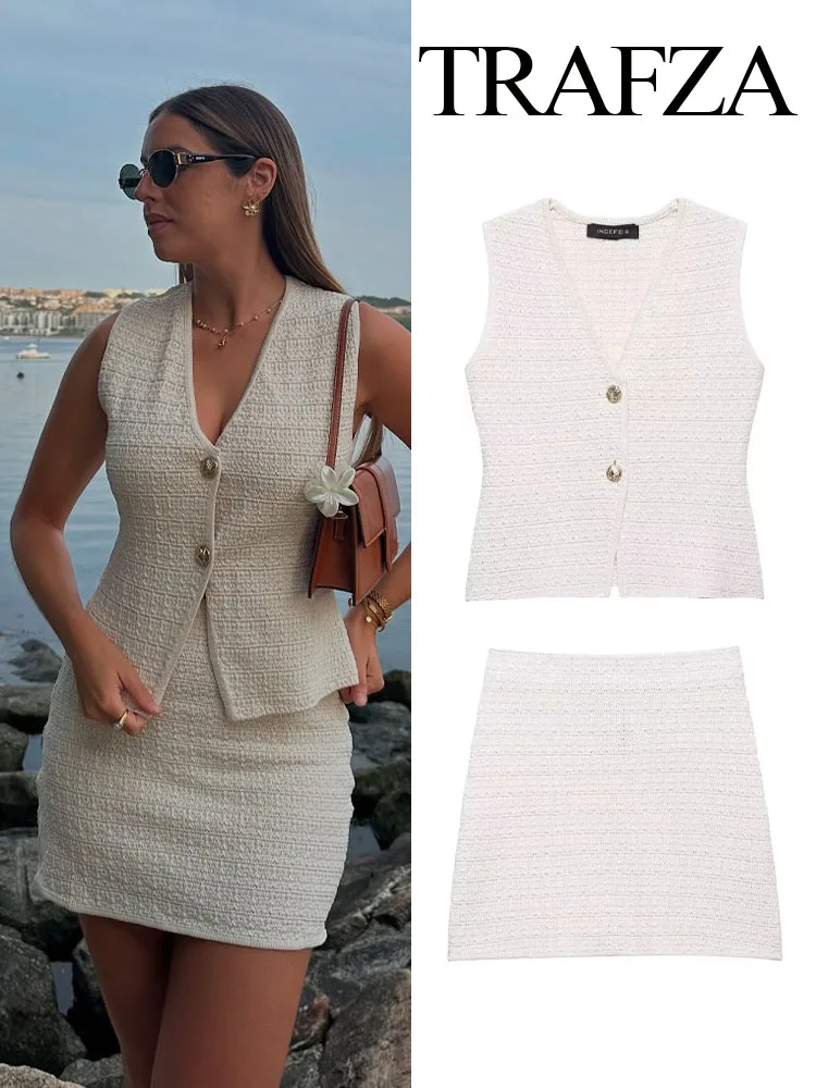 

TRAFZA Women 2 Piece Set Chic V-Neck Sleeveless Button Decoration Knitted Texture Vest Top+Summer Fashion Slim Solid Mini Skirt