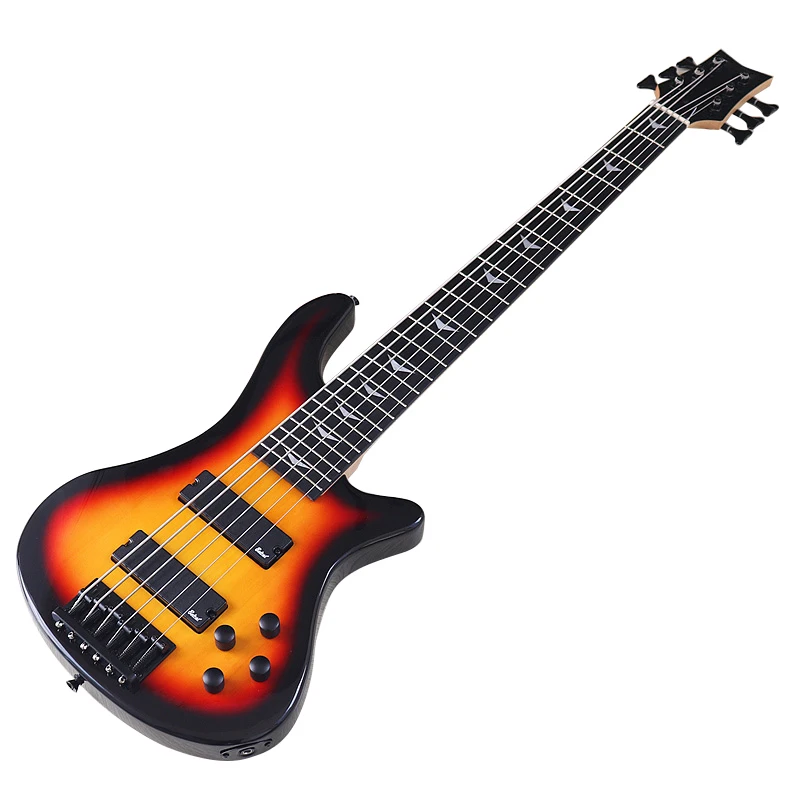 6 String Bass Guitar Sunburst 43 Inch Electric Bass Guitar 24 Frets Solid Basswood Body with Canada Maple Neck