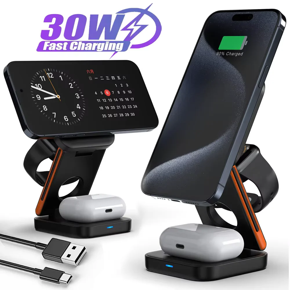 3 in 1 30W Wireless Charger iPhone Magnetic Foldable Wireless Charging Station for iPhone15 14 13 12 Pro Apple Watch 8 9 Airpods