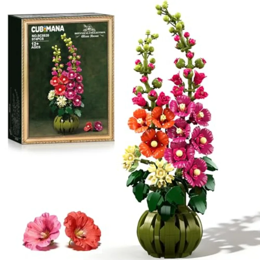 Flowers Botanicals Alcea Rosea Building Set for Adults - Artificial Bonsai Plant for Home Desk Decoration, 974PCS Fake Flower B
