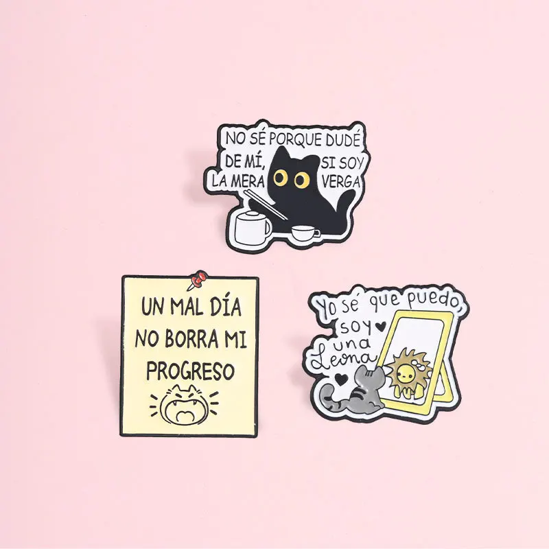 Cute Cartoon Creative Spanish Text Brooch Funny Little Black Cat Inspirational Quotes Alloy Badges Decorative Pins DIY Clothing