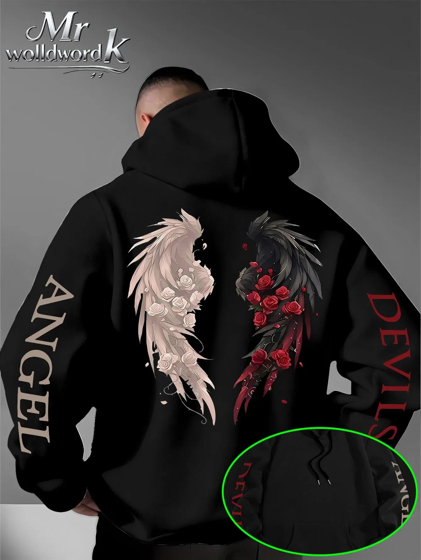 Dark Style Angel Devil Rose Wing Men Hoodie Loose Plus Velvet Sweatshirt Trendy Autumn Winter Punk Street Hooded Sweatshirt