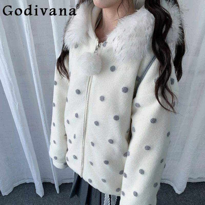 Mignon manteau en coton à pois imprimé complet pour les femmes hiver col de fourrure résistance à la chaleur Parkas femme japonais épais coton Parkas