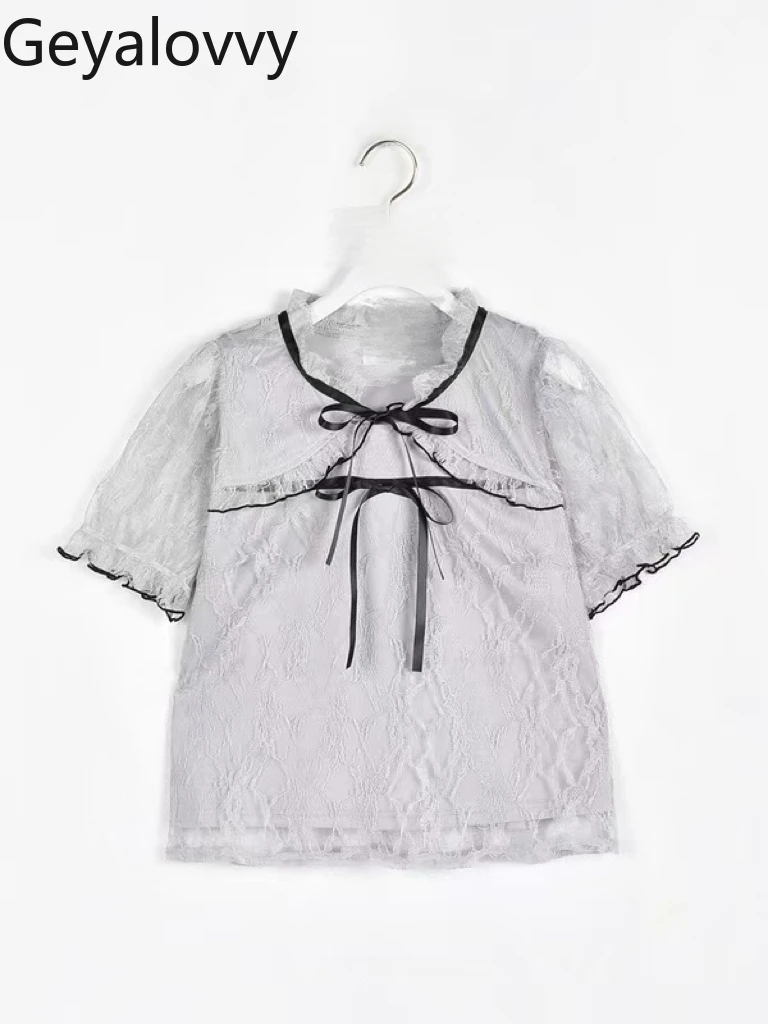Ażurowe Koronkowe Uniwersalne Bluzki Letnie Nowe Japońskie Camisas Słodkie i Urocze Dziewczęce Bluzki Kokarda Sznurowane Koszulki z Krótkim Rękawem