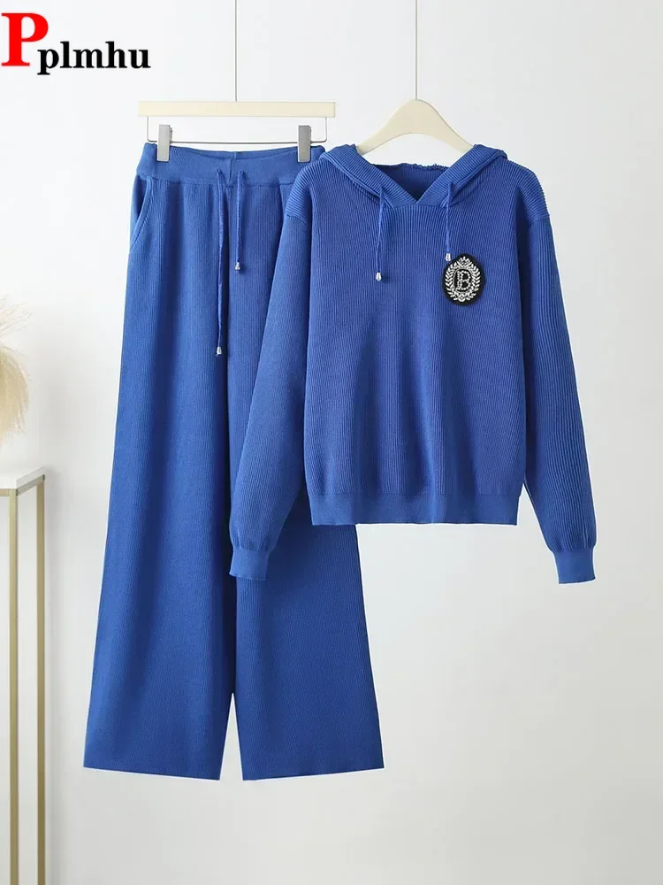 

Women Fall Winter Knitwear Pullover Sweater Tops Suits Casual High Waist Wide Leg Pants Tracksuit Hooded Knitted 2 Piece Sets