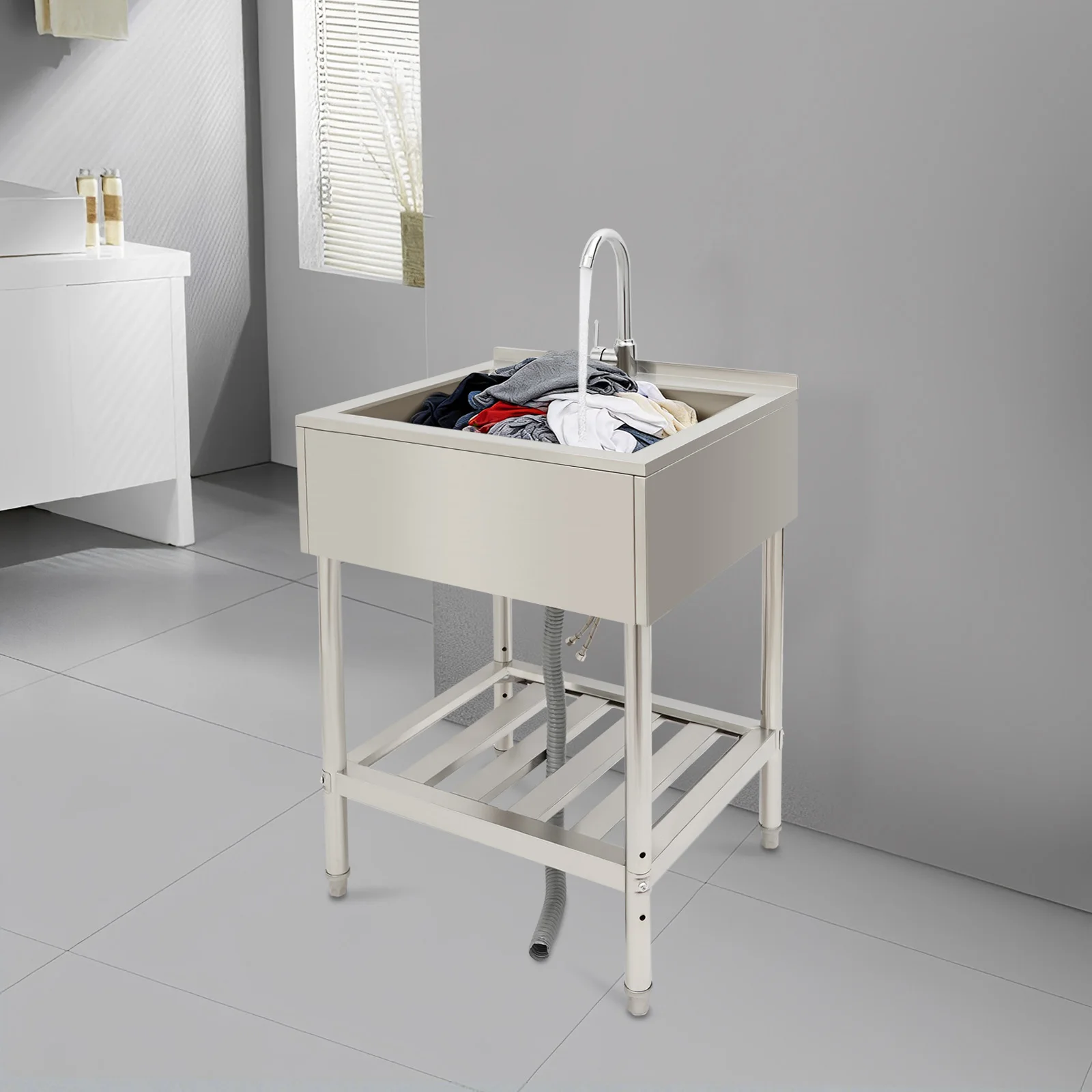 

25*22.05*34.25in Silver Commercial Sink Stainless Steel Single Bowl Laundry Sink with Elevated Bottom Filter Basket