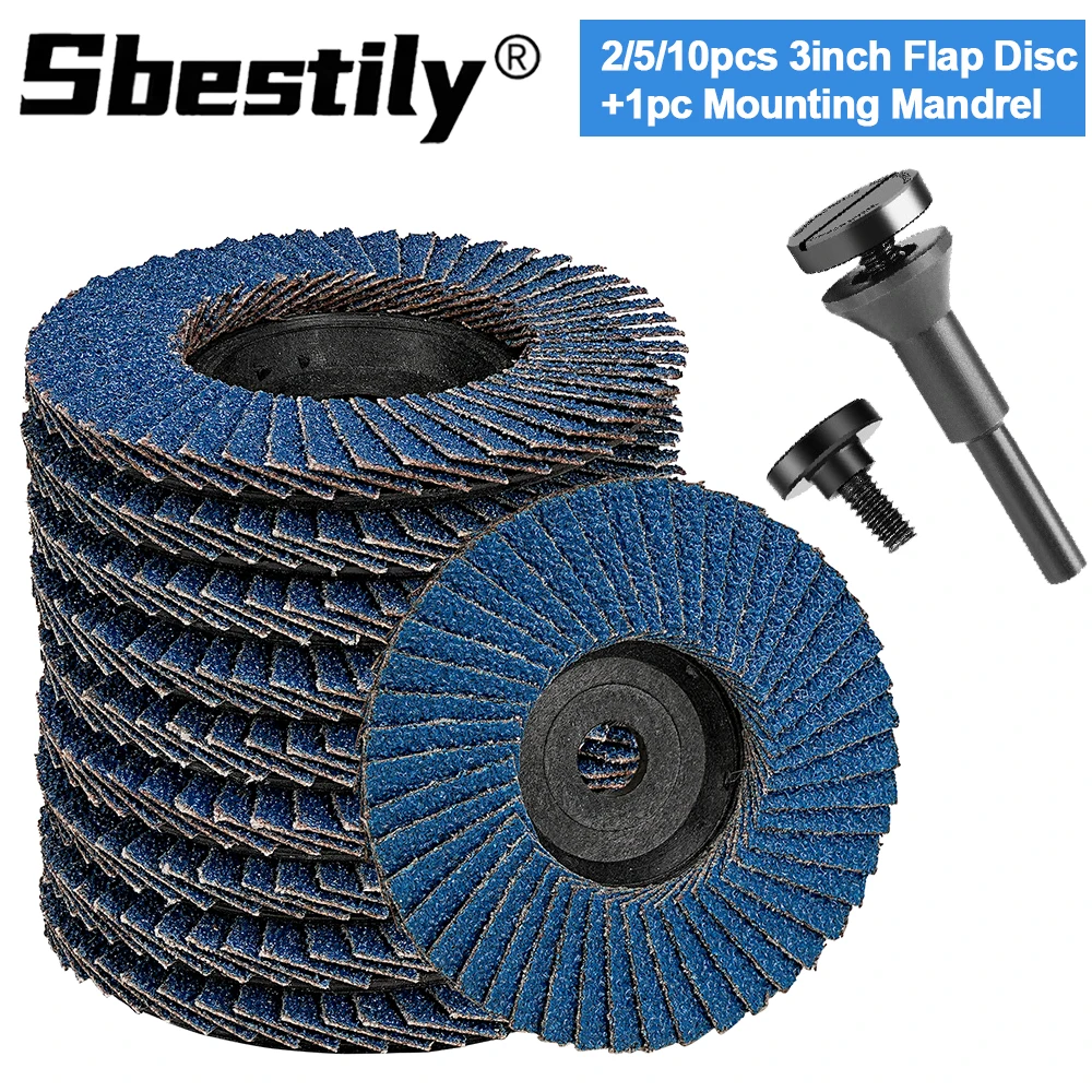 2/5/10pcs 3inch Zirconia Flap Disc 60Grit with 1/4 Stem Mounting Mandrel for Stock Rust Removal Finishing Deburring Rotary Tool