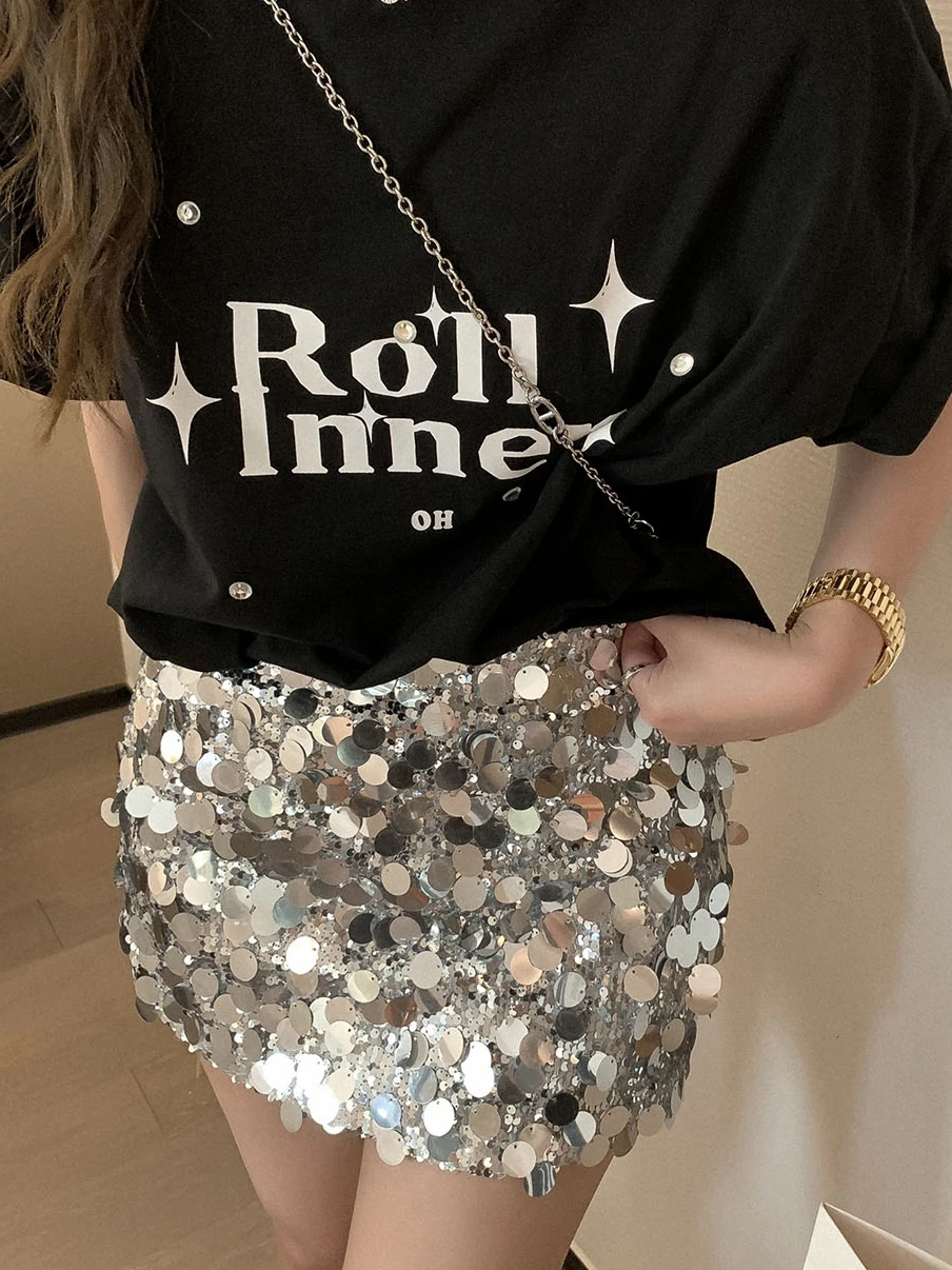 Shiny Sequin  Skirt Women's Super Bright Pure Desire Spicy Girl Style Wrap around High Waist A-Line Short Skirt