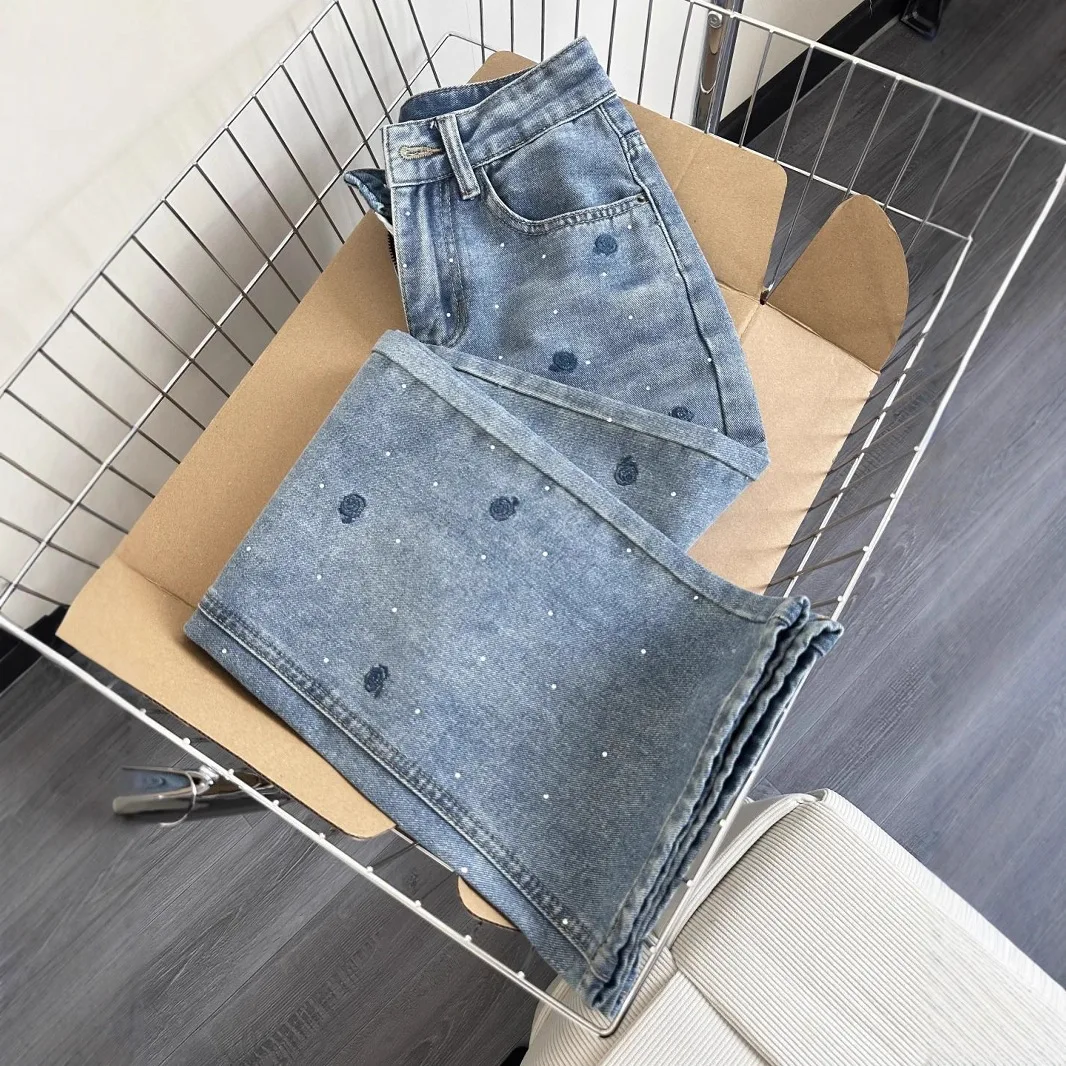 2025 Retro Blue Rose Embroidered Hot Diamond Jeans Women's Summer High Waist  Washed Slim Straight Pants