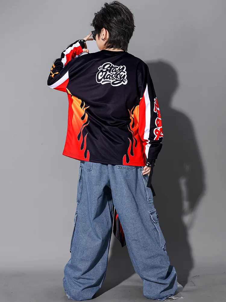 Kinder-Streetdance-Auftrittsoutfit Jungen Hip-Hop Denim-Kleidungsset Atmungsaktive Polyesterfaser Rundhals-Print-Design – Detail 20