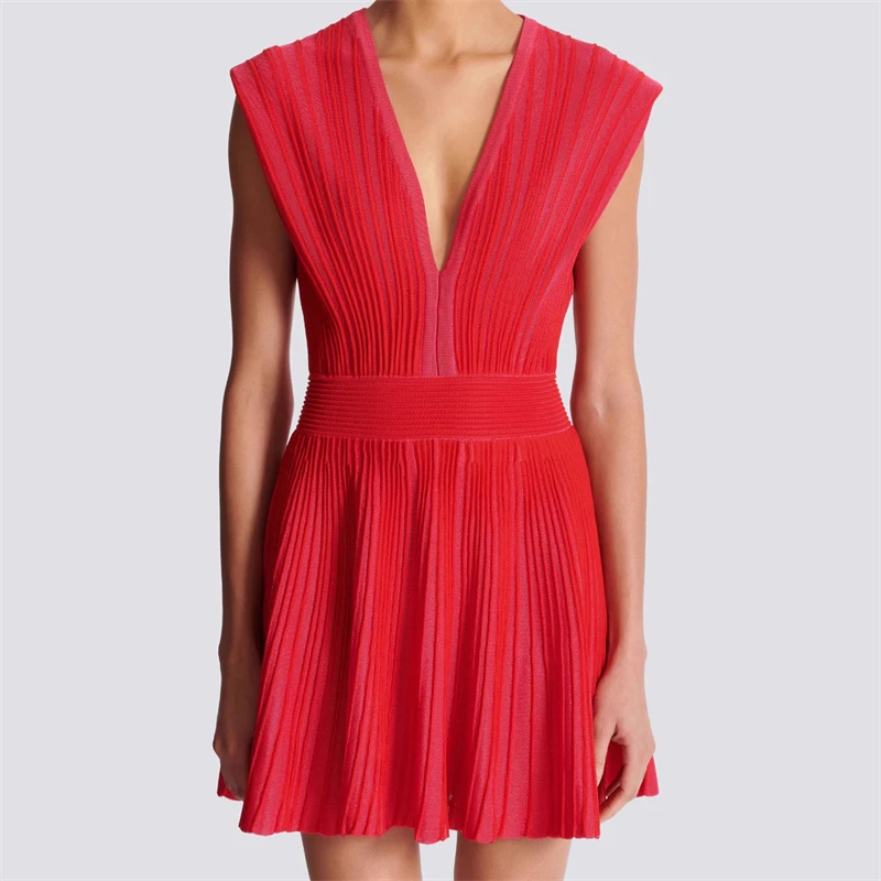 Y2K Hochwertige Sommer Neue V-ausschnitt Streifen Gestrickte Mix-Weben Ärmellose Weste Kleid Mode Lässig High-Taille A-linie Mini Rock