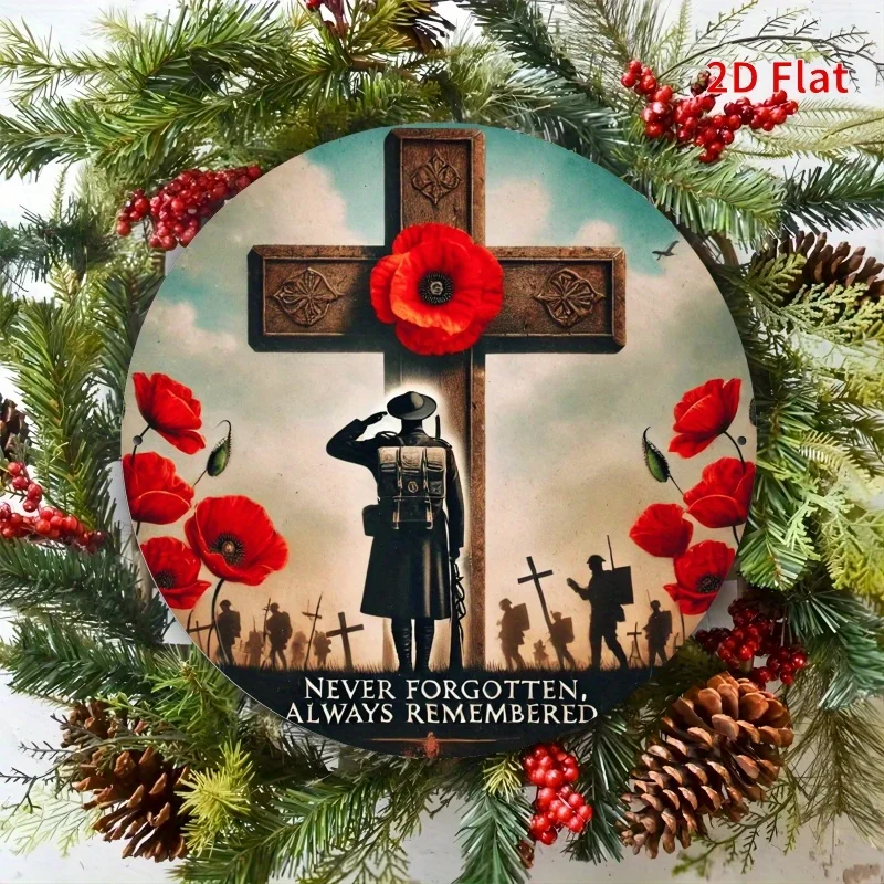 Vintage Round Metal Tin Sign, Soldier Saluting Cross Red Poppy Never Forgotten Wreath Decor Wall Plaque