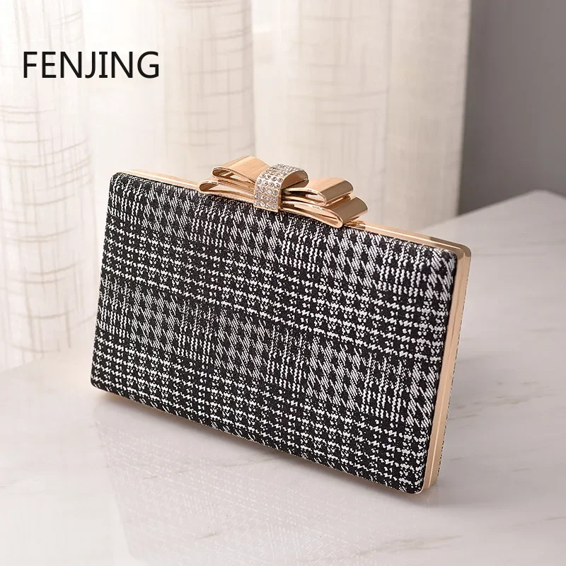 Sparkling Shoulder Bag for Women Evening Clutch Bag New Bow Black Shepherd Check Dinner Bag for Banquet Party Box Designer Purse