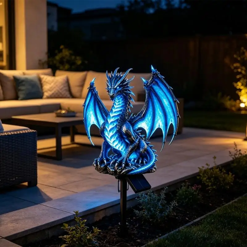 Dragon Lawn Lamp Resin Figure with Solar Panel, Garden Soil Pick, Porch Balcony Decoration, Outdoor Gift for Dragon 87HA