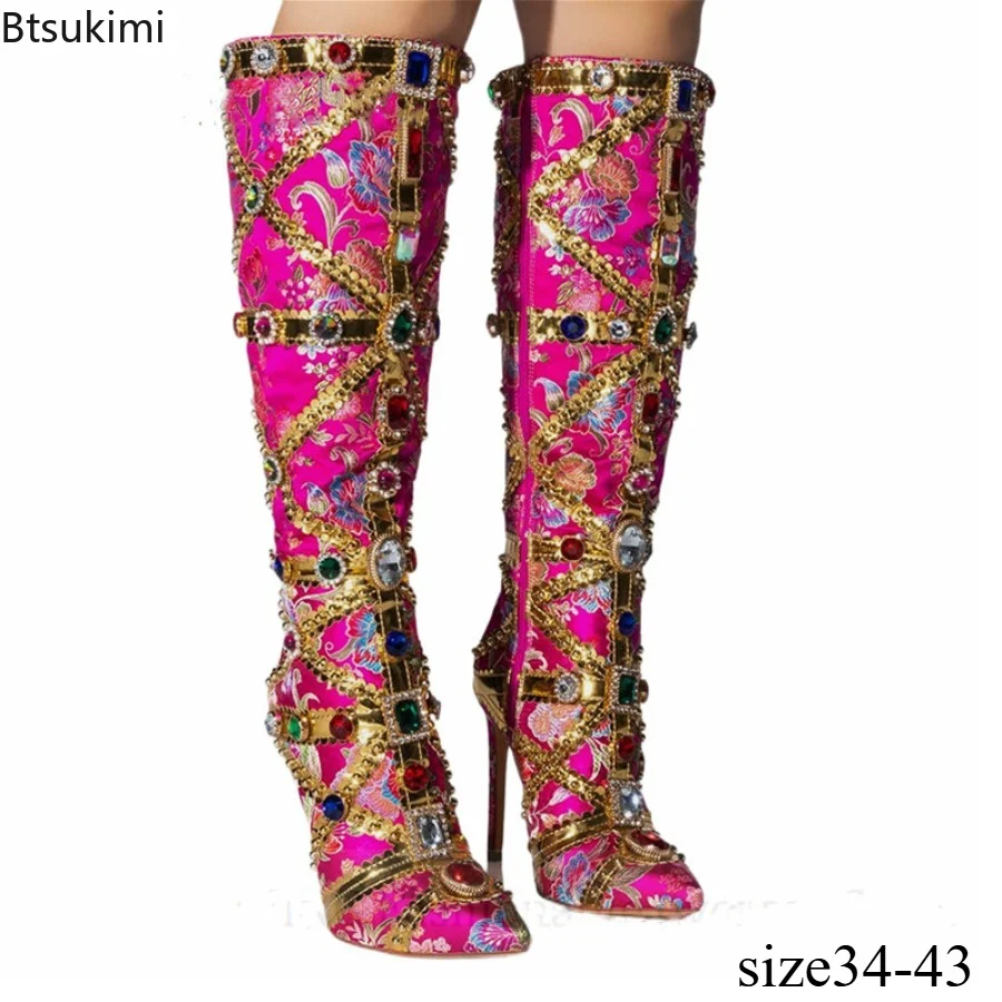 Women Multicolor Gemstone Gold Trim Stitched Stiletto Thigh Boots Pointed Toe Knee High Boots Fashion Shoes for Party Wedding