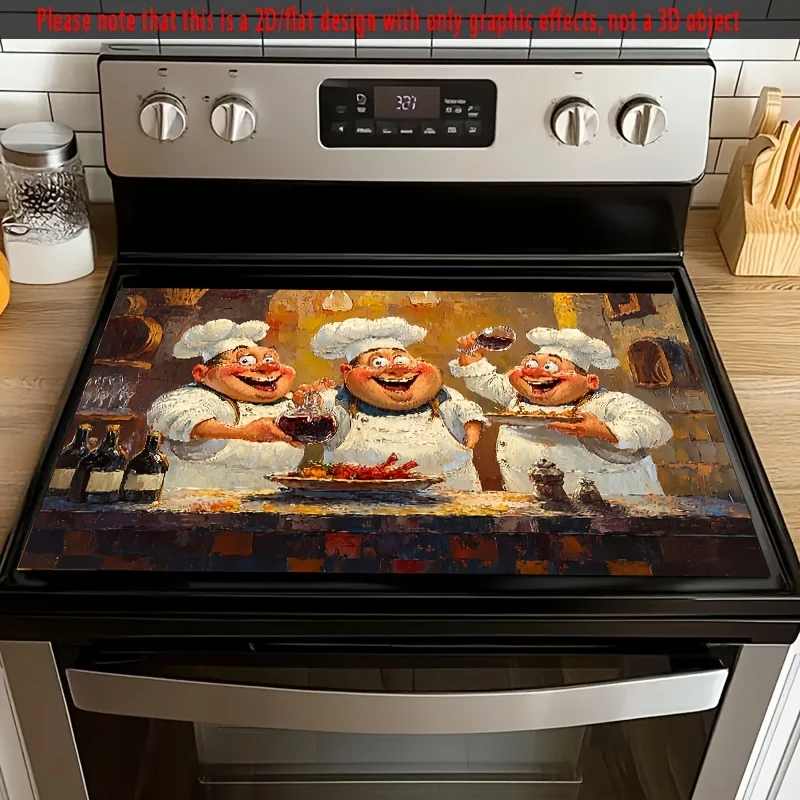 2D Flat Stove Top Protector with Happy Chef and Food Pattern – Scratch & Heat Resistant for Electric Glass Cooktops