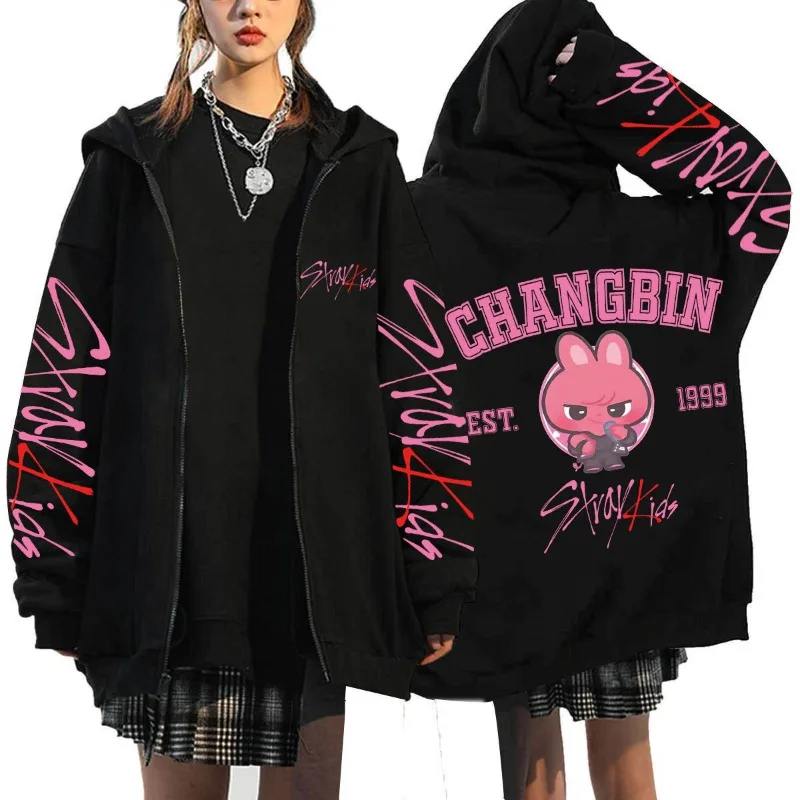 Q Version SKZOO Stray Kids – Sweat à capuche zippé ample imprimé Harajuku, motif dessin animé mignon, idéal pour Noël et les anniversaires