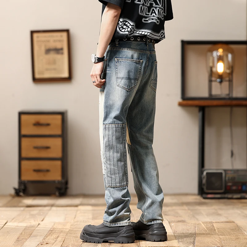 Men's patchwork slim fit small straight leg pants embroidered  personalized long pants men clothing  jeans for men cargo pants