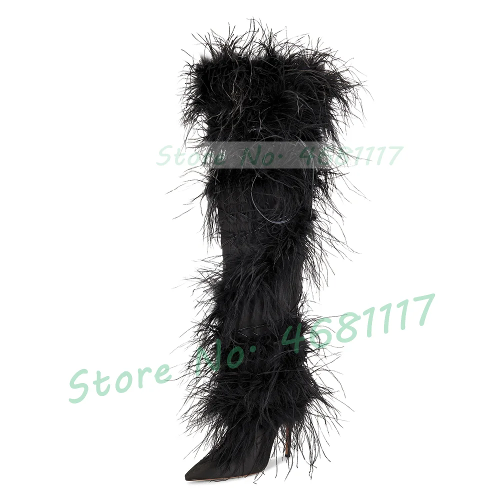 Black Real Feather Satin Knee High Boots Women Luxury Ostrich Fur Wrap High Heels Snow Boots Winter Newest Pointy Fluffy Shoes