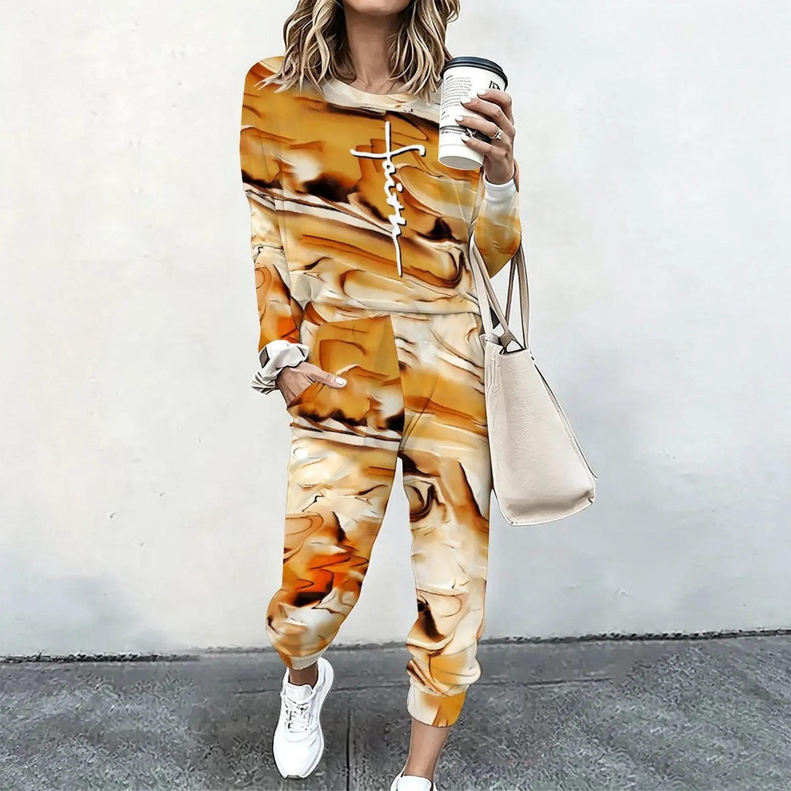 Women 2 Piece Tracksuit Set Print Long Sleeve Crew Neck Top And Jogger Pants Casual Streetwear Outfit With Pockets