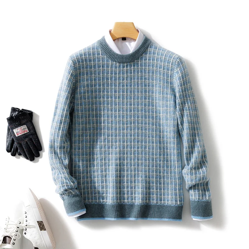 

Men's Autumn Winter 100% Merino Wool Crew Neck Pullover Long-Sleeve Sweater Classic Plaid High-Quality Fashion Cashmere Knitted
