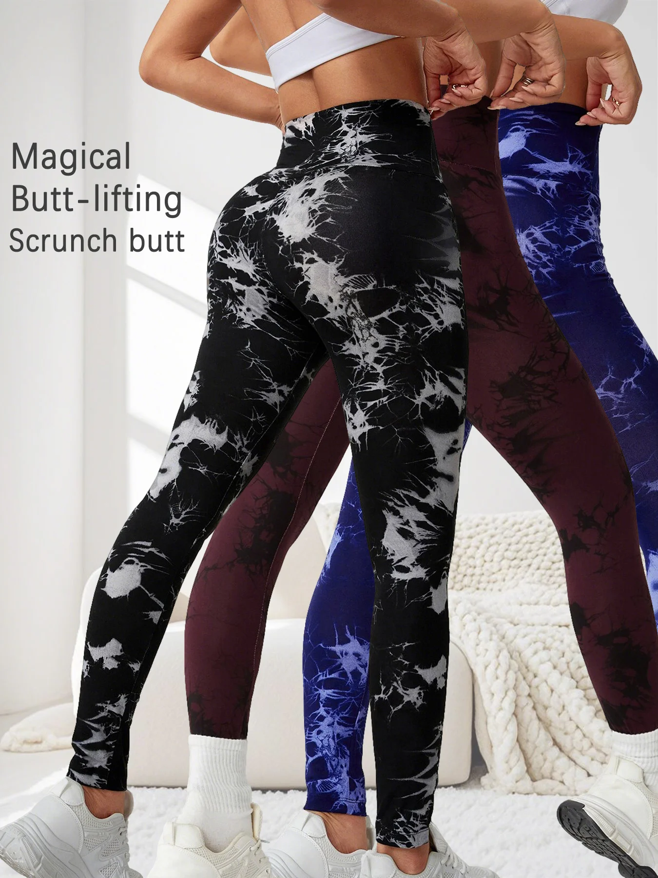 

3 пары супермягких спортивных леггинсов с высокой талией и эффектом тай-дай для женщин, непрозрачные, для тренировок, бега, йоги