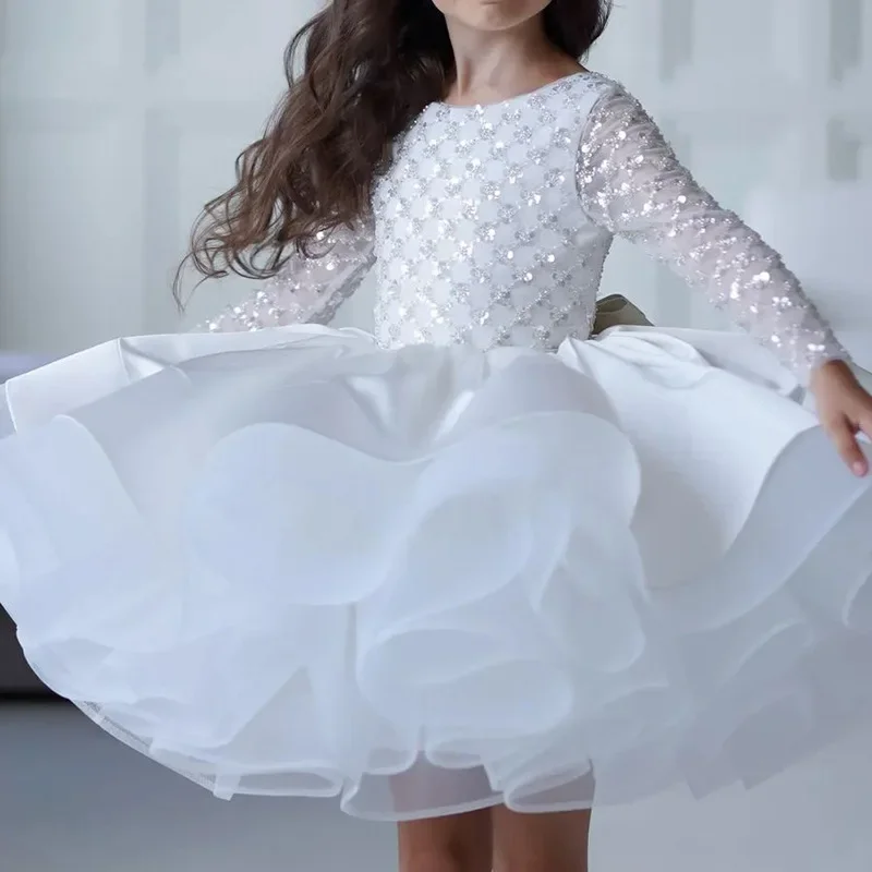 

White luxurious Girl Party Dresses Elegant Fluffy Girl Princess Dress Children Layer Lush Birthday Wedding Evening Dress 1y-14y