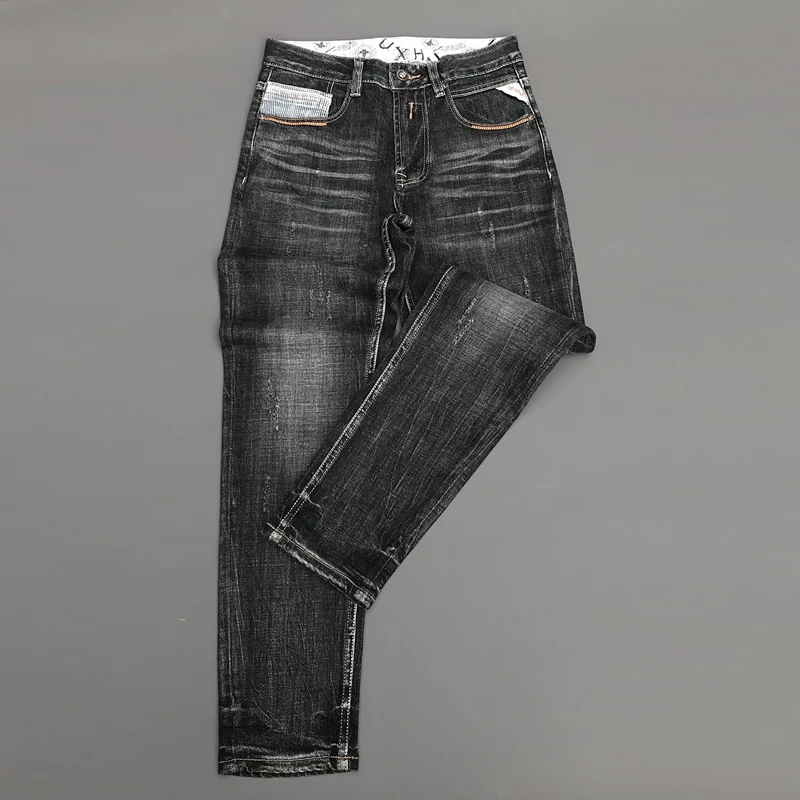 y2kDesigner Men Jeans High Quality Retro Black Gray Stretch Slim Fit Ripped Jeans Men Classical Vintage Denim Pants Hombre