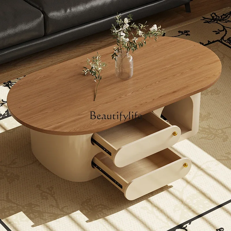 

yj7 French Style Solid Wood Coffee Table for Living Room, Modern Simple Round Coffee Table