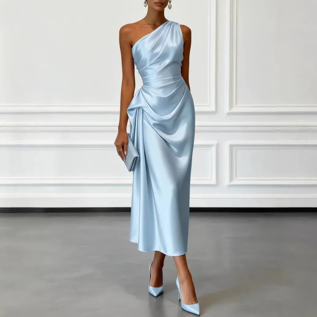 Sleeveless Single Gown with Off Shoulder Pleated Dress Mid Waist Commuter Chic Elegant Slim Fit Maxi Length Spring for Women