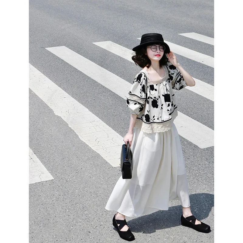 Retro chinês sle floral impressão gola quadrada ort sve solto ajuste bolha sve boneca irt feminino verão suave emagrecimento