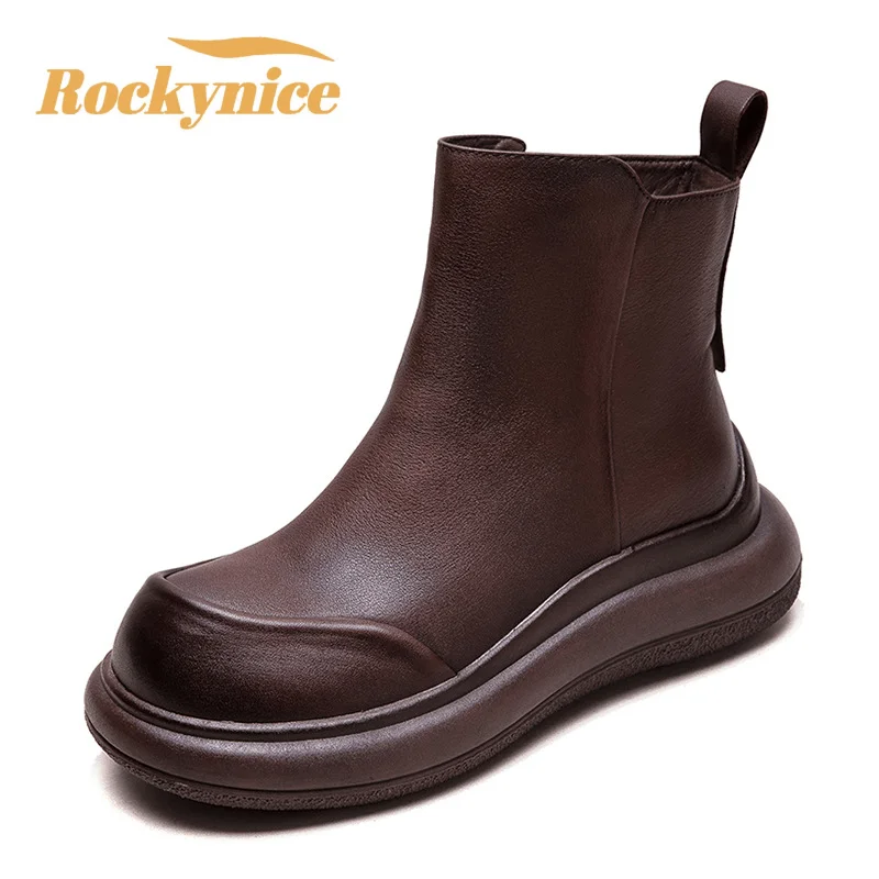 

Genuine Leather Short Boots Women Casual Shoes 2025 Autumn Winter Round Toe Thick Soled Zip Handmade Platform Women Ankle Boots