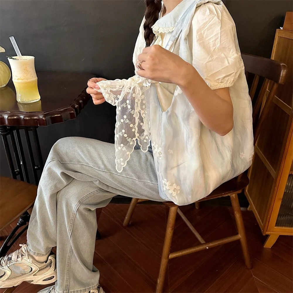 

Fresh Color Flower Embroidery Vest Bag with Lace Ribbon Korean Style Vacation Tote Bag Lightweight Eco Bag Large Capacity