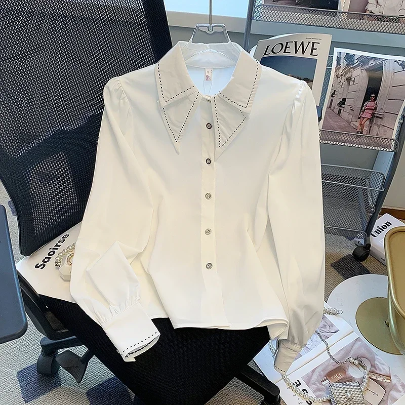 Korean-Style Contrast Laps Puff Sleeve Shirt Women's Autumn New College Style Fashionable White Age-reducing Top