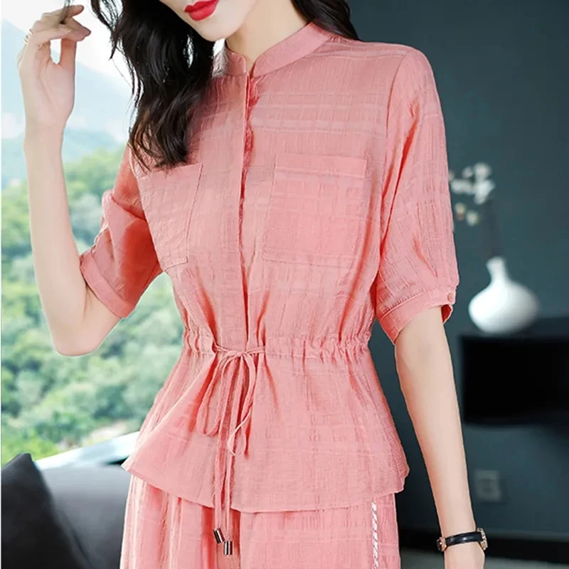 2023 New Summer Women Set Korean Fashion Chiffon shirt And Wide leg Pants Two Piece Suit Temperament Outfit Ladies Sets  3XL