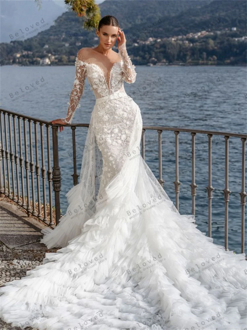 Vestidos de casamento sem costas com decote em v para mulheres, lindos, lindos, renda sereia, apliques sensuais, 2022